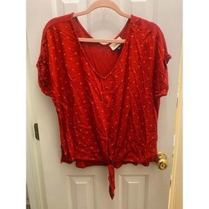 Red Top Short Sleeve Tie Front Medium Blouse